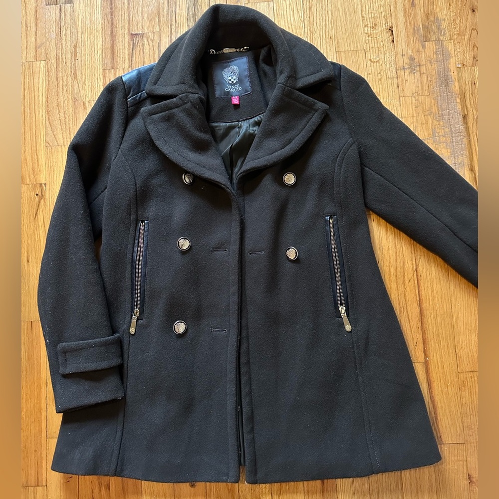 Vince Camuto Wool Double Breasted Military Style Coat with Faux Leather Accent